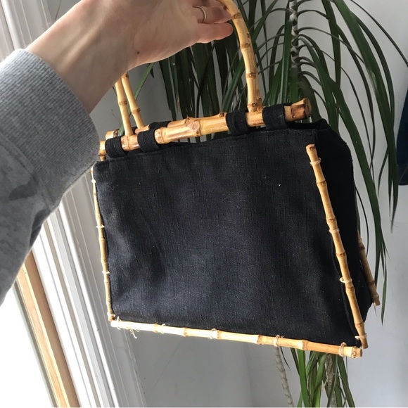 Beautiful Women’s Black Canvas/Linen Bamboo Handles Hand Bag Medium Size - Picture 3 of 8